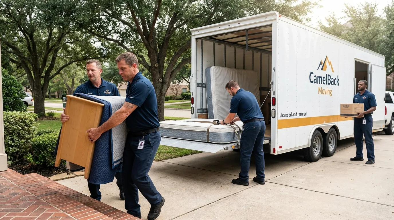 Crew loading residential truck for cross-state move from Aurora, IN