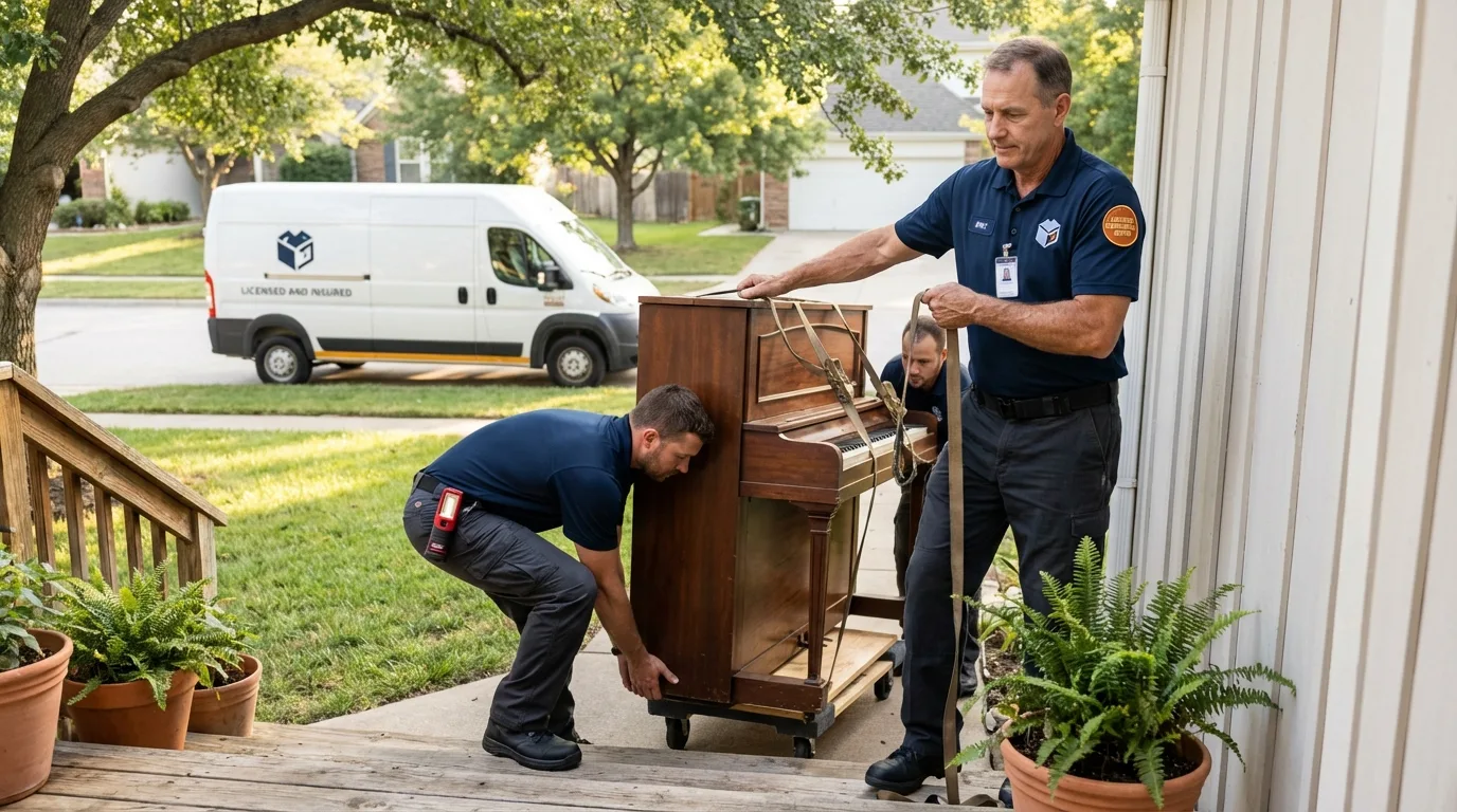 Licensed piano movers securing grand piano in Aurora, IN