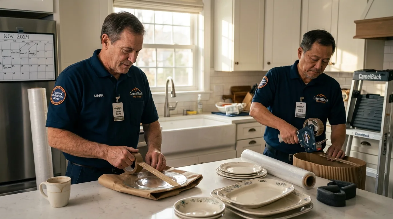 Professional crew packing kitchen dishware in Aurora, IN